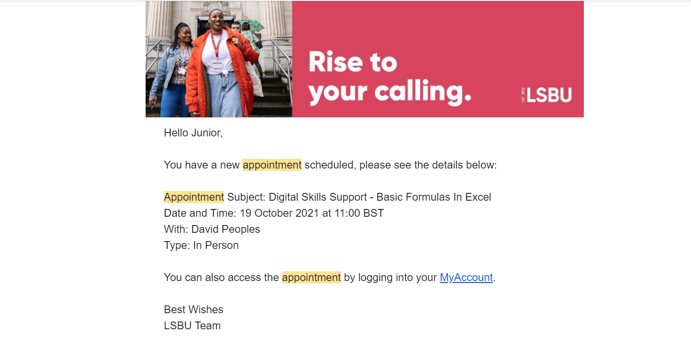 An example of an appointment booking confirmation email